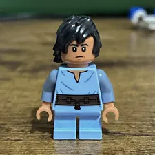 LEGO Minifigure Black Hair Light Blue Outfit Dark Brown Belt
