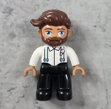 Lego Duplo Dad Figure Man with Suspenders Brown Hair Beard White Shirt