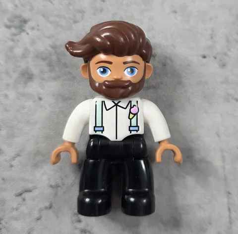 Lego Duplo Dad Figure Man with Suspenders Brown Hair Beard White Shirt