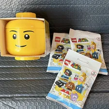 LEGO Mini Yellow Storage Head, Holds 100 Bricks, Portable 5.5in, 3 Mario Packs