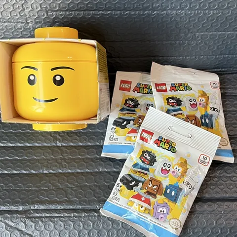 LEGO Mini Yellow Storage Head, Holds 100 Bricks, Portable 5.5in, 3 Mario Packs