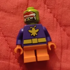LEGO Minifigure Lime Green Helmet Purple Torso Orange Legs Plastic