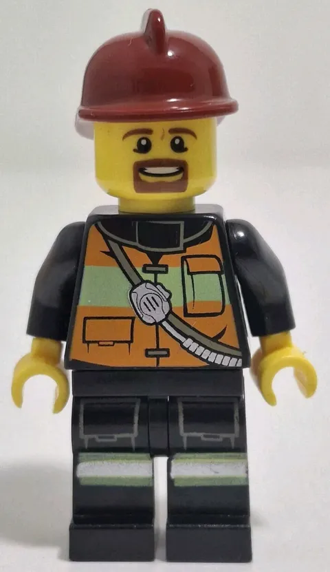 Lego Firefighter Minifigure Goatee Reflective Stripe Vest Pockets Shoulder Strap