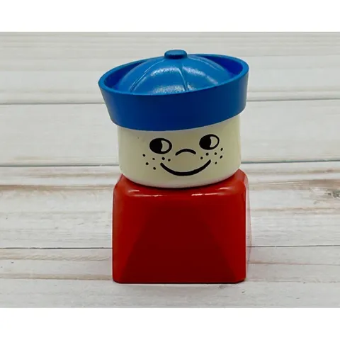 Vintage 1983 Duplo Lego Red Square Figure Blue Sailor Hat 1 1/2" High