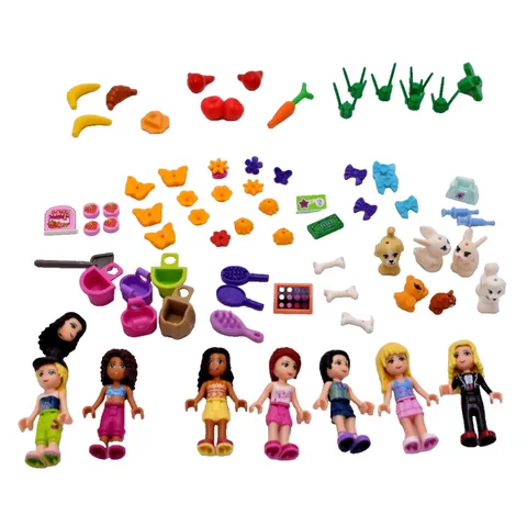 LEGO FRIENDS 7 Minifigure Lot Plus All Animals / Food / Accessories Shown Here