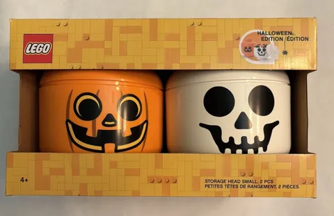Small LEGO Storage Head Set Of 2, Halloween, Pumpkin And Skeleton, New