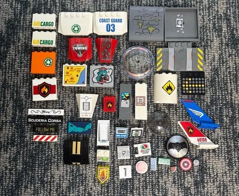 LEGO City Printed Tile Lot Mixed Lot Fire Coast Guard Air Cargo Racing Specialty