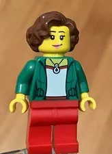 LEGO City Town Female Brown Hair, Smile Green Jacket, Necklace,  Red Legs