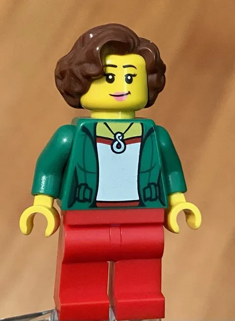 LEGO City Town Female Brown Hair, Smile Green Jacket, Necklace,  Red Legs