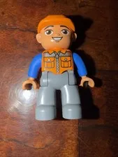 Lego Duplo Figure Man Construction Worker, Orange Vest, Hard Hat, Grey Pants