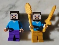 Minecraft Lego Minifigures Lot Of 2 Steve With GOLD PURPLE Leggings With Weapons