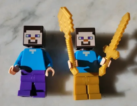 Minecraft Lego Minifigures Lot Of 2 Steve With GOLD PURPLE Leggings With Weapons