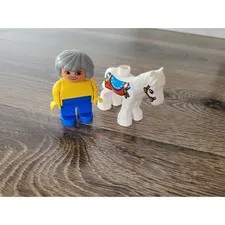 LEGO Duplo Rider Figure with White Horse Yellow Shirt Blue Pants Grey Hair #5