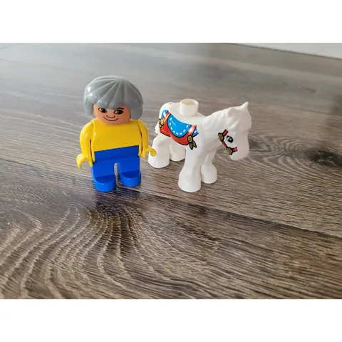 LEGO Duplo Rider Figure with White Horse Yellow Shirt Blue Pants Grey Hair #5