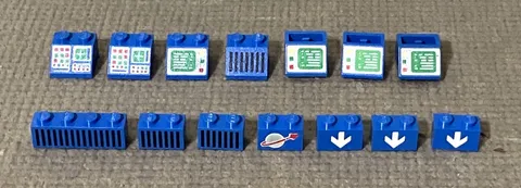 (14) LEGO Classic Space Blue Printed Parts - Slopes, Bricks, Computer, Grilles