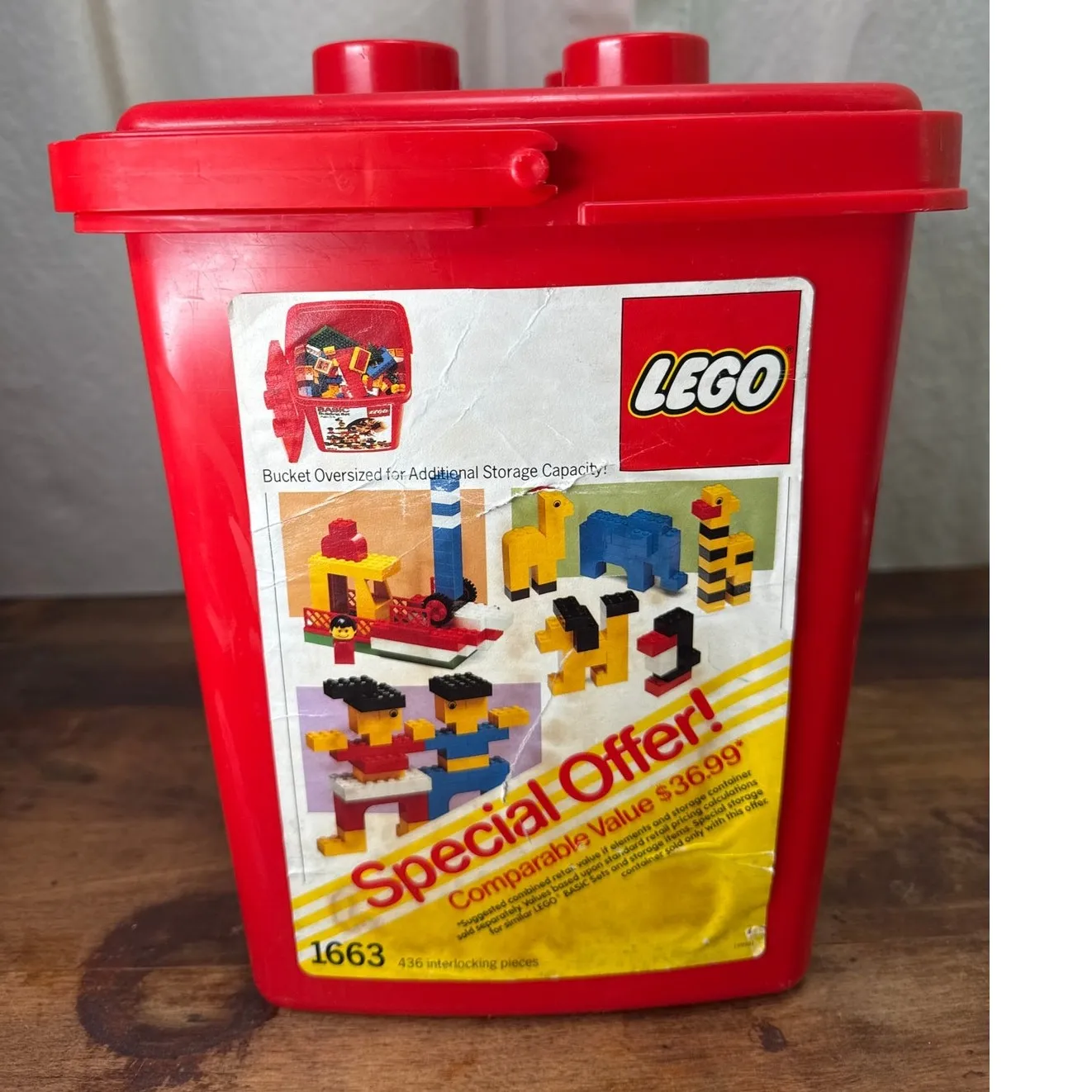 LEGO Red Brick Bucket Toy Storage Container Handle & Lid Vintage 1987 Empty