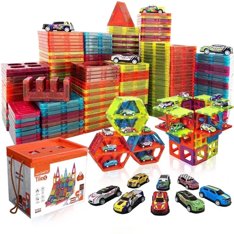 BUBUQE Magnetic Tiles Parking Building Playset with 10 Pull-Back Metal Cars