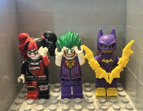 Lego Batman Minifigures Joker, Batgirl, and Harley Quinn
