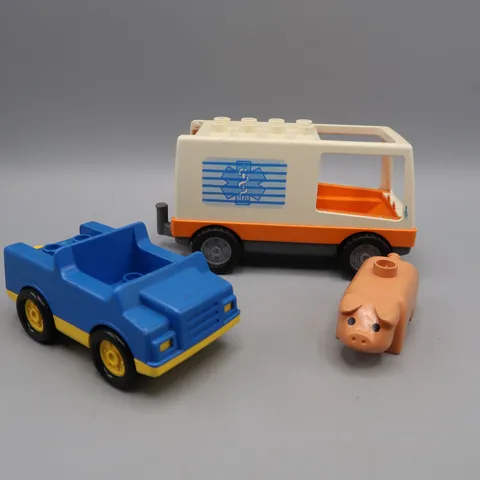 Vintage Lego Duplo Ambulance, Blue Car, and Pig Farm Animal Toy Lot