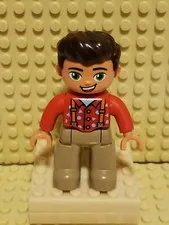LEGO Duplo Man Male Red Shirt Orange Suspenders Green Eyes Figure Only