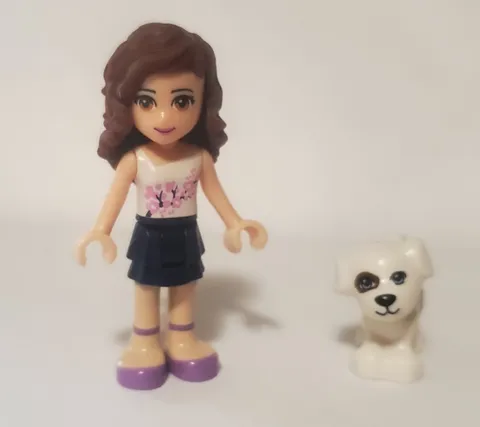 Retired LEGO Friends Sunshine Harvest Olivia Minifig +White Brown Spot Dog Puppy