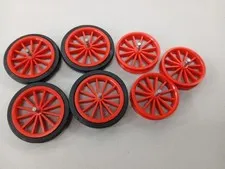 LEGO LOT 7 RED VINTAGE WHEELS SPOKED WAGON LARGE Smooth Black Tire