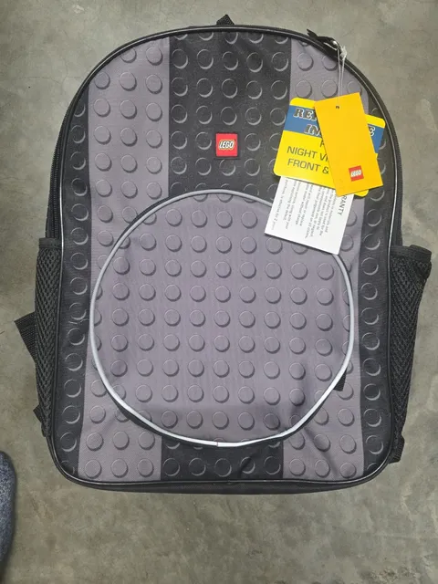 LEGO Classic Brick Black 16" Kids Zippered Backpack Reflective Inserts NWT