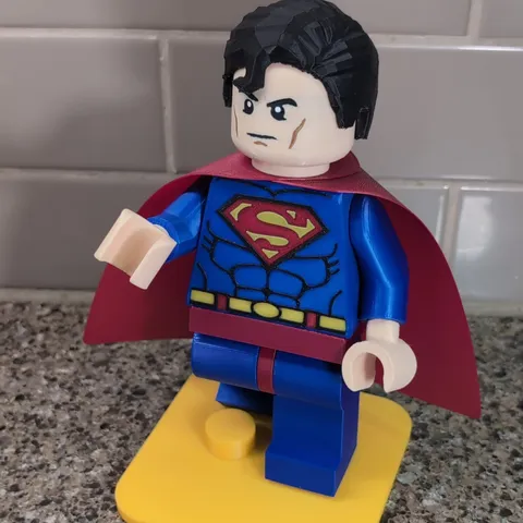 LEGO Superman Large Minifigure w/ Red Cape Blue Suit & Yellow Display Base