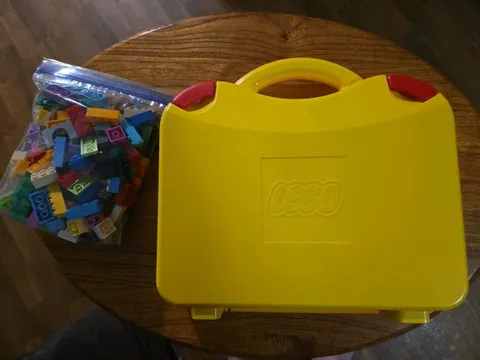 2012 Lego Yellow Hard Case with dividers & Bag Of Lego Pieces.
