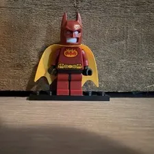 LEGO Batman Minifigure Red Suit w/ Yellow Cape & Cowl on Black Display Stand