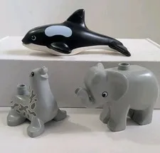 Vtg Lego Duplo Zoo Replacement Lot Of 3: Lg Orca Whale, Grey Seal, Baby Elephant