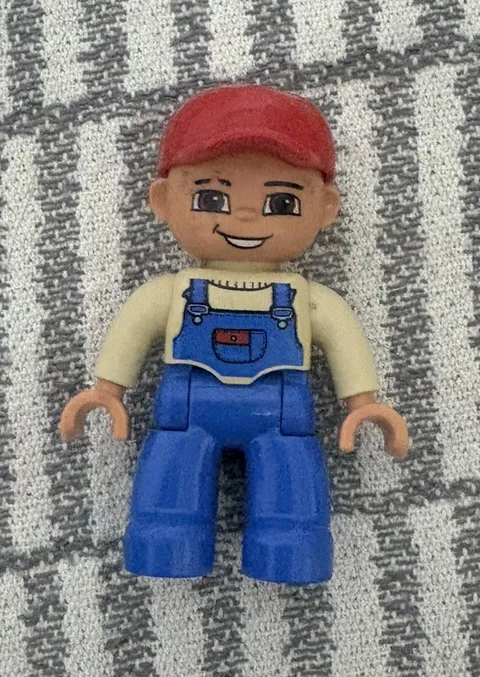 Lego Duplo Figure Farmer W/ Red Ballcap Hat and Blue Overalls. Pre-Owned 