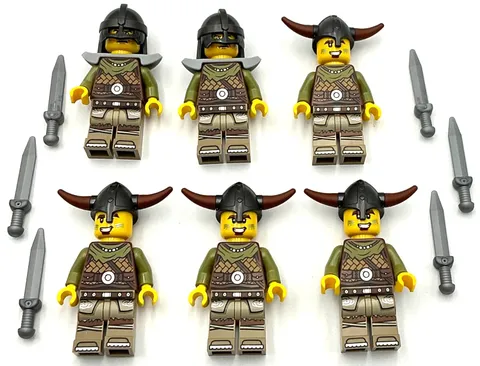 Lego 6 New Castle Viking Knights Minifigures Weapons Swords Men Horns Army