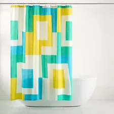 Lucy Mid Century 70 In. X 72 In. Cotton Squares Shower Curtain White Yellow (Sin