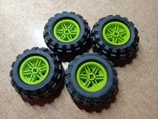 LEGO LOT 4 BLACK TIRES WHEELS 56X26 BALLOON LIME GREEN RIMS 56145 / 55976