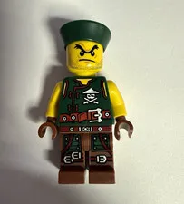 LEGO Pirate Minifigure Green Vest Brown Legs Dark Green Hat Yellow Head