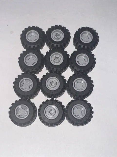 Lot 24 LEGO Black Tires 87697  Light Gray Rims Parts Pieces 21mm X 12mm Wheels
