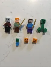 LEGO Minecraft Minifigures Lot Of 7 Steve-Creeper-Baby Creeper- Villager-Pumpkin