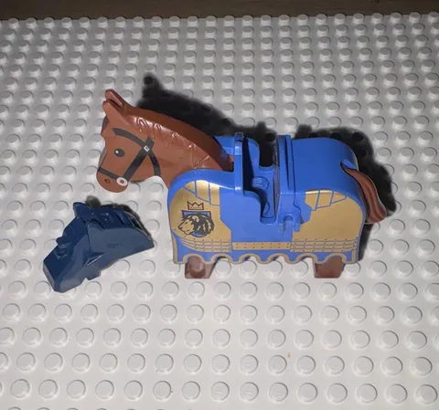 LEGO Brown Horse w/ Printed Blue/Gold Barding & Blue Armor Lot, 3 Pieces