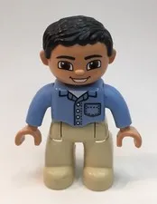 1x Lego Duplo Figurine Man Father Blue Shirt Beige Pants 2.5" Male Brown Hair