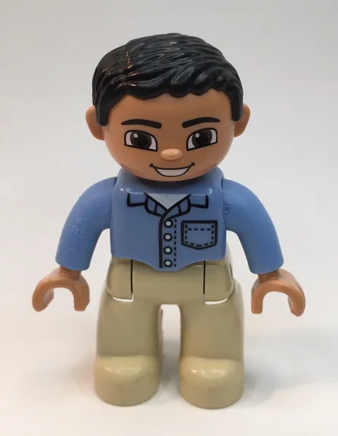 1x Lego Duplo Figurine Man Father Blue Shirt Beige Pants 2.5" Male Brown Hair