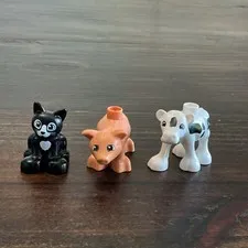 LEGO Duplo Farm Animal Figures Lot Black Cat Tan Pig White Spotted Cow 3pc Set