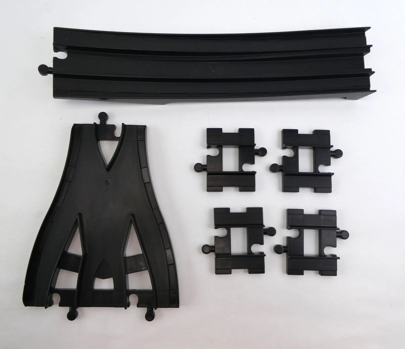 Lego Duplo Black Train Track Junction, Bridge End, and 4 Short Straight Track