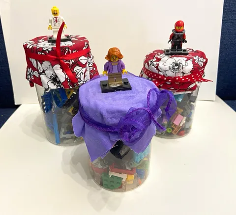 LEGO Mixed Bricks & Pieces Lot, Multicolor in Clear Plastic Jars w/ 3 Minifigs
