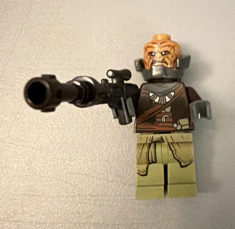 LEGO Minifigure w/ Blaster Rifle, Gray Neck Bracket, Tan Head Brown Torso