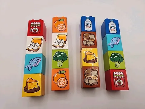 16 Lego Duplo Printed Bricks, 2x2 + 2x2 Food Eggs Jam Fish Orange Milk Bread ++
