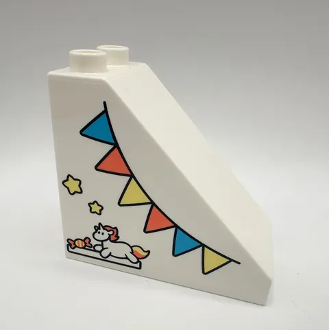 Lego Duplo Printed Sloped Brock Brick, White With Banner & Unicorn