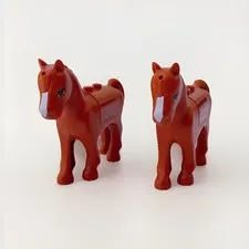 LEGO Set of 2 Horses w/Blue Eyes & White Blaze Pattern 2x2 Saddles - Dark Orange
