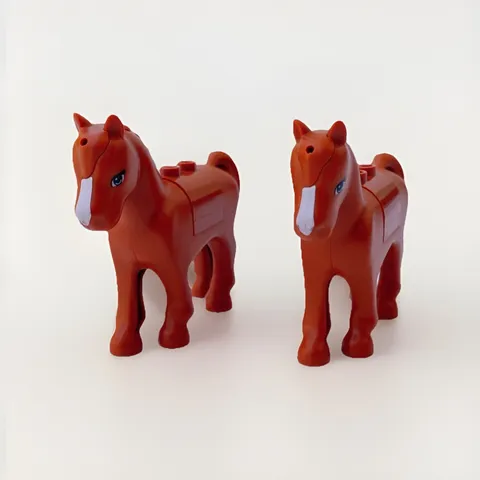 LEGO Set of 2 Horses w/Blue Eyes & White Blaze Pattern 2x2 Saddles - Dark Orange