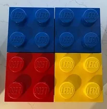 4 Pc Lot LEGO Storage Bricks. 4x 4 Studs Red, 2 Blues And A Yellow.